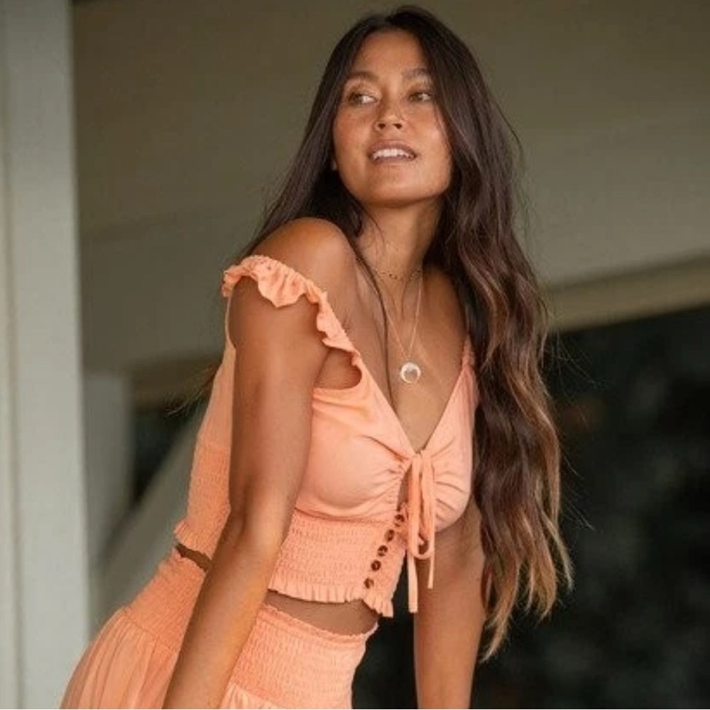 Women’s Peach Tie-Front Crop Top with Ruffle Straps